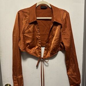 Pretty Little Thing silky cropped collard blouse (size 12)